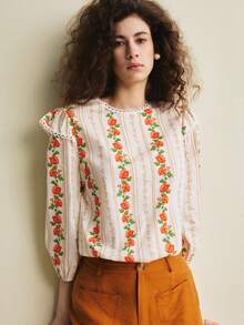 Écloséra New Arrival French Minimalist Pure Cotton Elegant Floral Print Ruffle Trim Loose Casual Women Blouse - Orange - View 3
