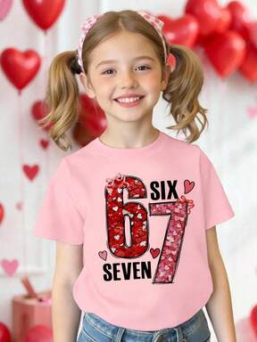 Sparklyn Spring & Summer Girls' Casual Fashionable Creative Personalized Fresh Elegant Minimalist Shiny Heart Floral 67 Bow Letter Graphic Print Comfortable Basic Short T-Shirt, Suitable For Valentine's Day Festive Atmosphere And