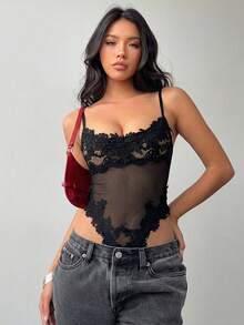 Aloruh 女士撞色蕾丝网纱性感时尚连体衣 - 黑色 - 查看 8