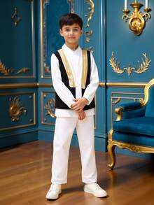 Vacaura Tween-Jungen 3 Stücke/Set Outfit im Mittleren Osten Stil mit Hemd, Hose, geeignet für Ausflüge, Fotos, Schule, verschiedene Anlässe, weicher & bequemer Stoff, modisch-lässiger Schnitt - Weiss - Übersicht 10