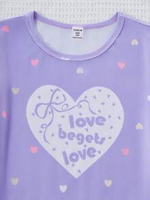 Conjunto de pijama informal y lindo para niñas con top de manga corta con estampado de corazón y leggings - Azul - Ver 6