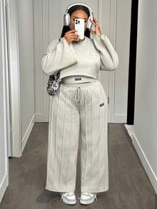 Slaydiva 2025 Autumn/Winter Casual All-Match Versatile Streetwear & Commute 2-Piece Set: Long Sleeve Sweatshirt & Pants, Women's Solid White & Gray Outfit Tall Two Piece Set Brunch 2 Piece Set Wide Leg Pants Set Grey Two Piece Set