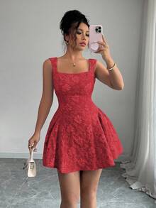 Rafferiza Spring/Summer Regular Women's Wide Collar Sleeveless Waist Cinched Ruched Hem Blue Textured Jacquard Mini Dress, Elegant & Romantic For Graduation, Prom, Party, Music Festival, Vacation - Hot Pink - View 5