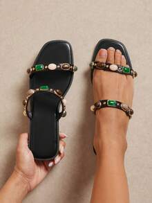 SHUZIA Women's Minimalist Comfortable, Durable, Double Band Slip-On Flat Sandals With Metal Ornaments - Black - View 3