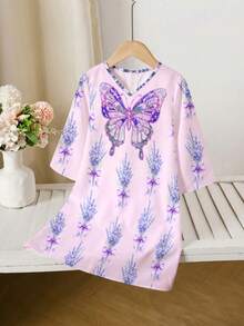 Baby Girl Butterfly Print Pattern Pink Children Jalabiya Dress - Multicolor - View 2
