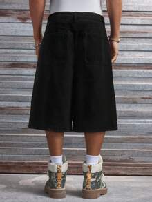 AXEPEAK Men's Washed Embroidered Shorts, Fashionable Pants - Black - View 3