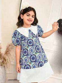 SHEIN Kids Multicolor Short All Over Print A Line Flared Dress With Peter Pan Collar Puff Sleeve Zipper Detail Polyester Nujoom - Multicolor - View 1