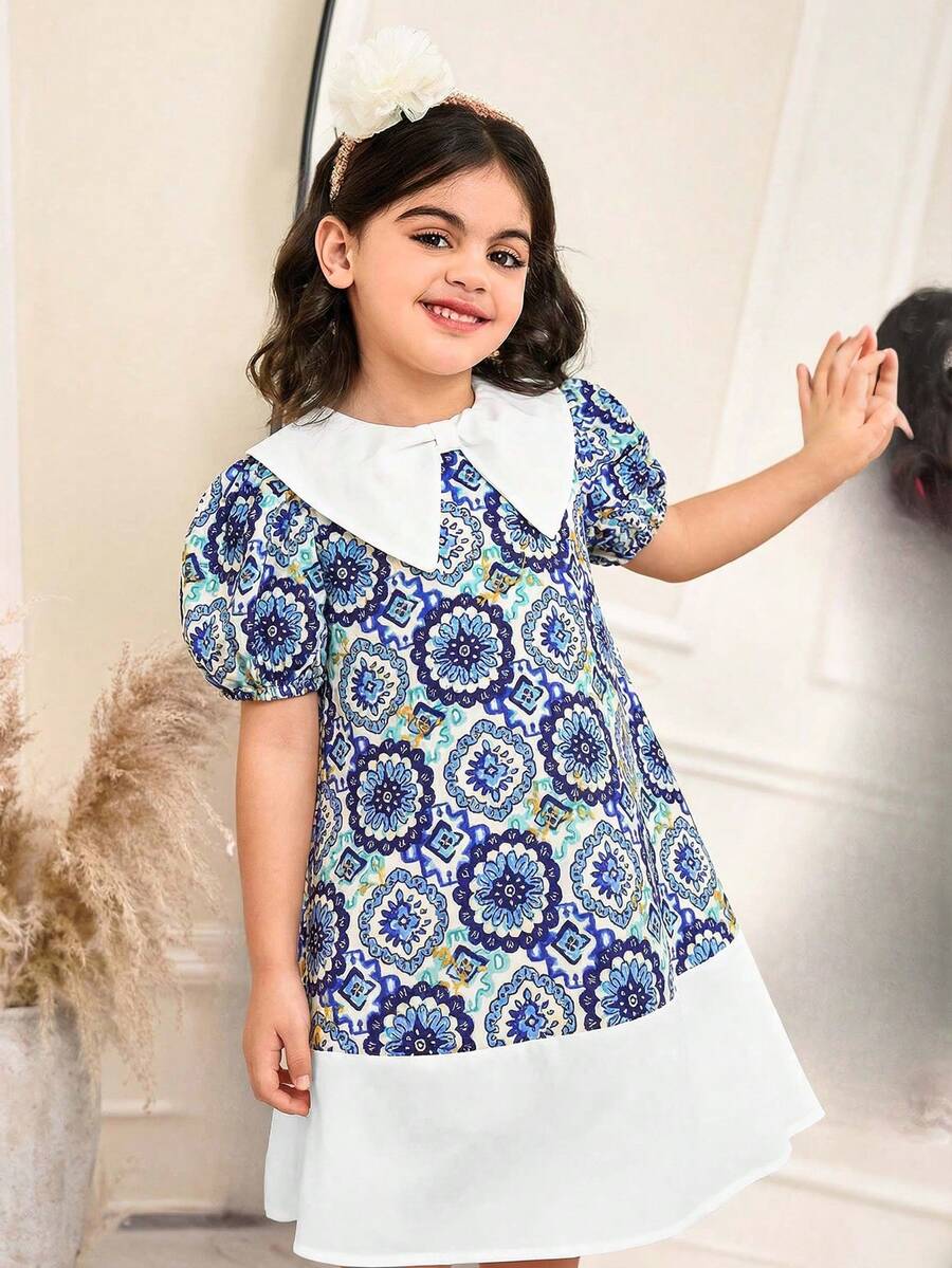SHEIN Kids Multicolor Short All Over Print A Line Flared Dress With Peter Pan Collar Puff Sleeve Zipper Detail Polyester Nujoom - Multicolor - View 1