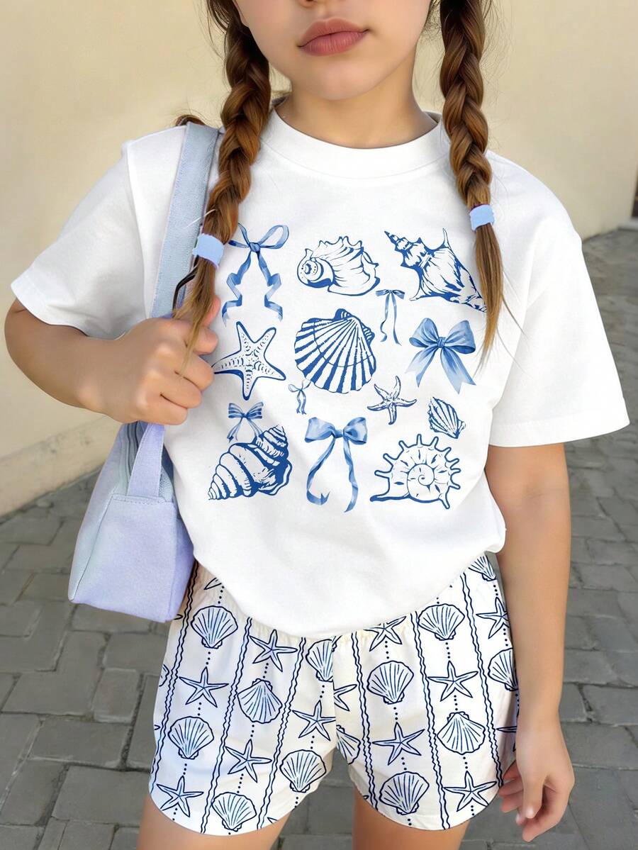 SHEIN 春夏少女休闲时尚创意个性清新优雅简约海星贝壳海螺蝴蝶结波浪线图案印花休闲基础款短袖T恤和短裤套装，舒适日常穿着，温暖夏日风格，适合春夏少女。 - 彩色 - 查看 1