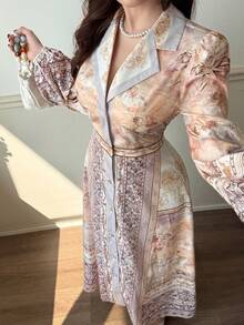 Yasmyna New Unique Design Printed Long Sleeve Single-Breasted Lapel Vacation Style Dress - Multicolor - View 1