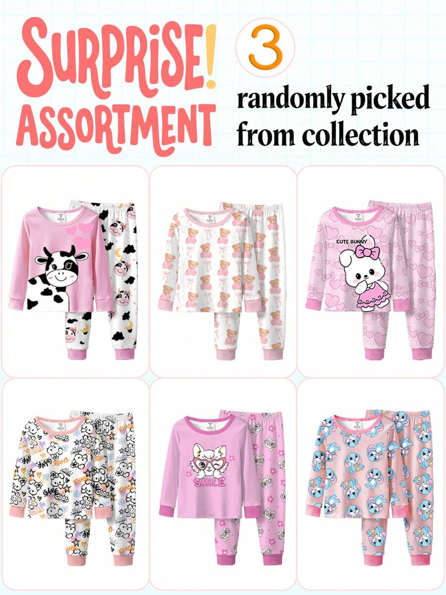 Bộ 3 món đồ ngủ dài tay ôm sát in hình thỏ, mèo, bò hoạt hình dành cho bé gái, thích hợp cho mùa xuân/thu. - Nhiều màu - Xem 1