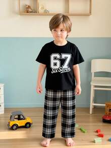 1set Boys' Casual Plaid & Numeric Print Short Sleeve Top And Pants Pajama Set - Black - View 1