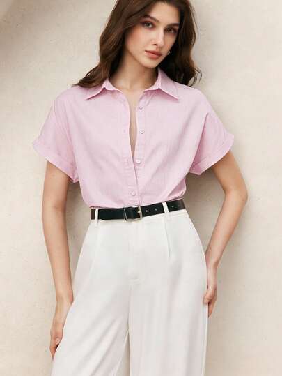 BizChic Women's Basic Collared Short Sleeve Button-Up Shirt, Versatile For Urban Commute, Office, Business Casual, Elegant Ladies Formal Top, Fashionable Blouse