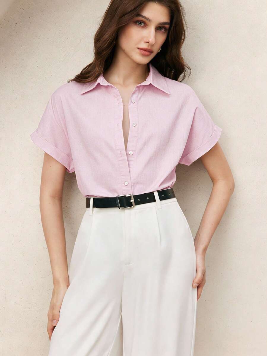 BizChic 女士基本款翻领短袖衬衫，百搭实用，适合都市通勤、办公室、商务休闲等场合，优雅女士正装上衣，时尚衬衫