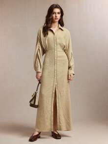 BizChic 新款春夏卡其色翻领连衣裙，饰有梯形滚边，插肩袖，配有束腰带，女款 - 杏色 - 查看 2