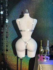 MidnightGlam 一套女士内衣套装，带流苏装饰，金属光泽女士文胸，2条内裤 - 銀色 - 查看 7