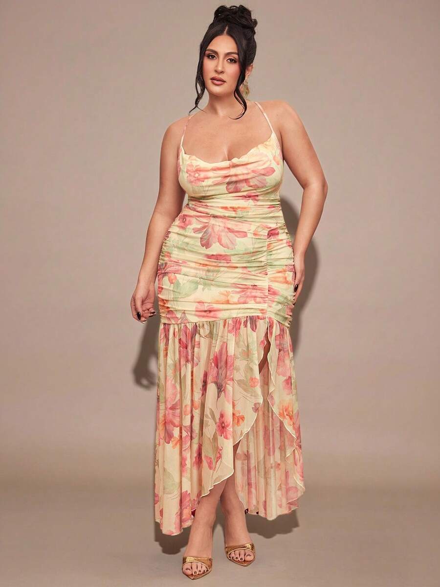 SHEIN BAE 大码女式黄色碎花荷叶边领口开衩连衣裙，优雅荷叶边连衣裙 - 黃色 - 查看 1