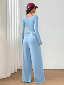 SHEIN Unity 女士休闲纯色方领长袖阔腿连体裤 - 淺藍色 - 查看 2