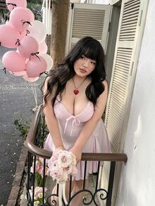CovetEZ 大码蕾丝提花浪漫A字迷你连衣裙，适合派对、情人节和约会穿着，春夏款 - 粉色 - 查看 12