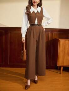 Vintamour Bộ đồ nữ cổ điển thanh lịch 2 mảnh gồm áo vest không tay cổ chữ V có cúc và đai, quần ống rộng cạp cao màu nâu, áo nữ thường ngày, quần áo mùa đông cho nữ, bộ hai mảnh cho nữ, trang phục năm mới cho nữ, trang phục Giáng sinh cho nữ, áo vest nữ, bộ 2 mảnh, áo blazer nữ công sở, trang phục Giáng sinh, bộ đồ phối hợp, áo croptop nữ, trang phục công sở nữ, quần tây nữ, quần công sở nữ, ngày lễ tình nhân, ngày Valentine - màu nâu - Xem 4