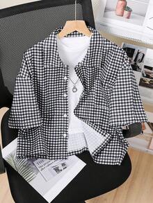 Mirajuku Teens (Boys) Casual Korean Style Loose Plaid Short Sleeve Shirt, Spring/Summer - Black and White - View 1