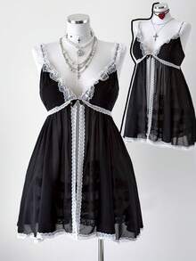 Sunspun 新款优雅甜美外出上衣，雪纺撞色蕾丝蝴蝶结吊带连衣裙，荷叶边短裙，春夏秋季 - 黑色 - 查看 3