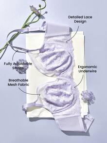 LUVLETTE Plus Soft Woman Lingerie Lounge Curve Sheer Full Coverage Support&Breathable Underwire Sexy Unlined Minimizer Lace Elegance & Mesh Purple Bra Bridal Intimates - Mauve Purple - View 8