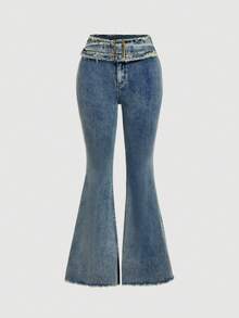 SHEIN MOD Women's Casual Fashion Flared Jeans With Frayed Waistline - Blue - View 1