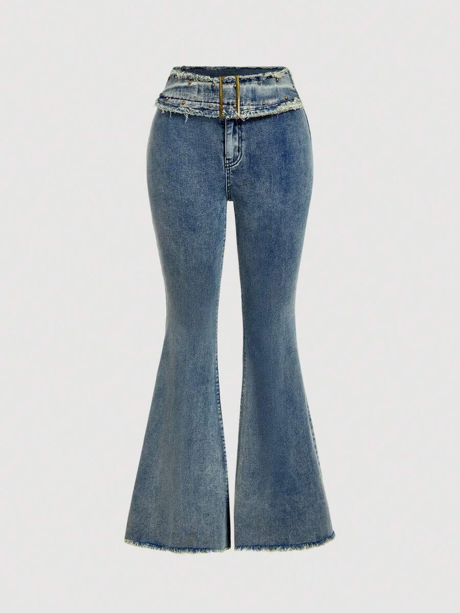SHEIN MOD Women's Casual Fashion Flared Jeans With Frayed Waistline - Blue - View 1