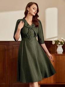 Vintamour 复古经典优雅女士连衣裙，春夏修身系腰蝴蝶结袖连衣裙，腰带连衣裙，藏蓝色连衣裙 - 軍綠色 - 查看 4
