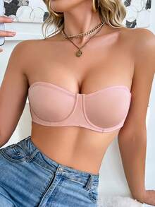 SHEIN 可拆卸透明肩带性感钢圈薄杯文胸 - 粉色 - 查看 5