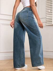 SHEIN PETITE 低腰休闲宽松直筒裤 - 寶藍色 - 查看 2