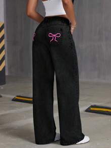SHEIN ICON 女士休闲日常通勤百搭蝴蝶结刺绣水洗宽松阔腿牛仔裤 - 黑色 - 查看 2