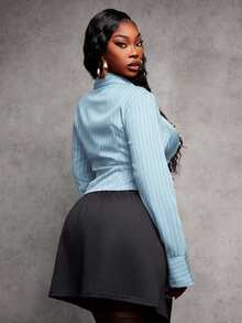 SHEIN SXY 大码女式秋冬新款美人鱼款蓝色条纹修身长袖纽扣衬衫 - 藍色 - 查看 2