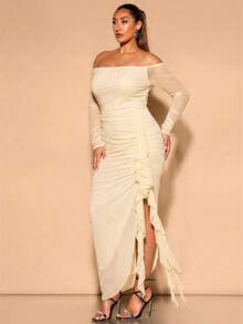 SHEIN BAE Gaun Pesta Maxi Bodycon Berkerut Tanpa Bahu Ukuran Plus Elegan untuk Wanita, Gaun Formal Tamu Pernikahan Warna Hijau Krem Berkerut Warna Beige Musim Gugur yang Elegan - Aprikot - View 5