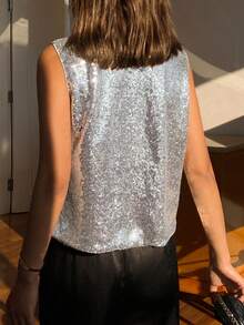 DAZY Women's Casual Sleeveless Round Neck Vest With Large Pockets - Silver - View 2