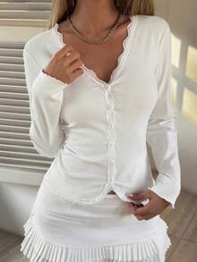 DAZY Women's Lace Patchwork Fitted Long Sleeve Button Front T-Shirt Y2k Spring - White - View 4