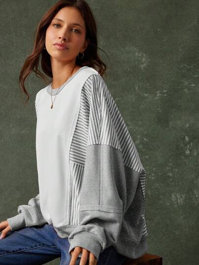 WESTFADE French Terry Mixed Stripe Colorblock Scoop Neck Long Sleeve Oversized Patchwork Sweatshirt Fall, Autumn, Halloween, Thanksgiving