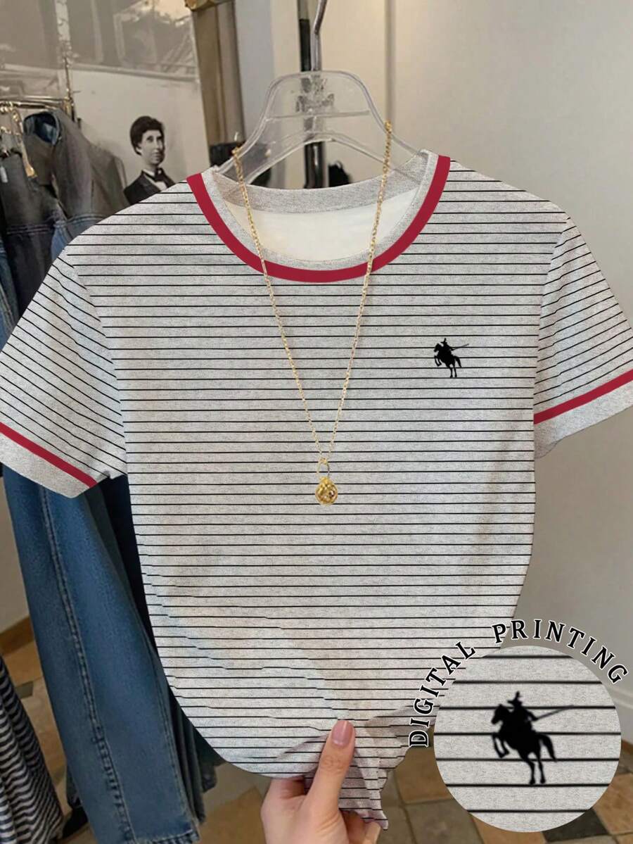 Resyla Women's Casual Commuter Biker Striped Print Contrast Binding Short Sleeve T-Shirt, Summer - Multicolor - View 1