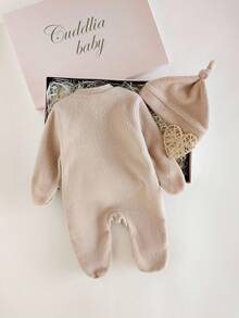 新生儿毛绒长袖上衣和裤子两件套，带拉链，樱桃刺绣图案和帽子，纯色家居服，秋冬 - 杏色 - 查看 2