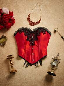 PinupPomp Vintage Palace Style Lace-Up Corset Top, Ruffle Trim Fishbone Bustier - Red - View 8