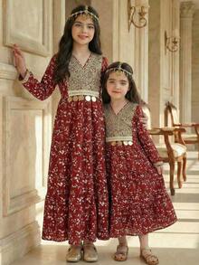 SHEIN Young Girl's Burgundy & Magenta Rose Contrast Collar Floral Pendant Tassel Folk Style Vacation Dress - Red - View 3