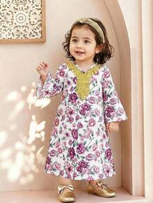 Vestido Casual Solto com Decote em V de Manga Longa com Estampa Floral Miúda e Babados para Menina - Multicolorido - Visão 7