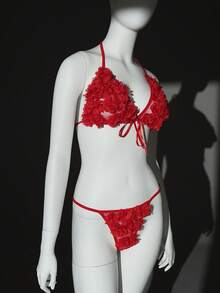 SHEIN Valentine's Day Women's Sexy Mesh 3D Rose Floral Lingerie Set - Red - View 8