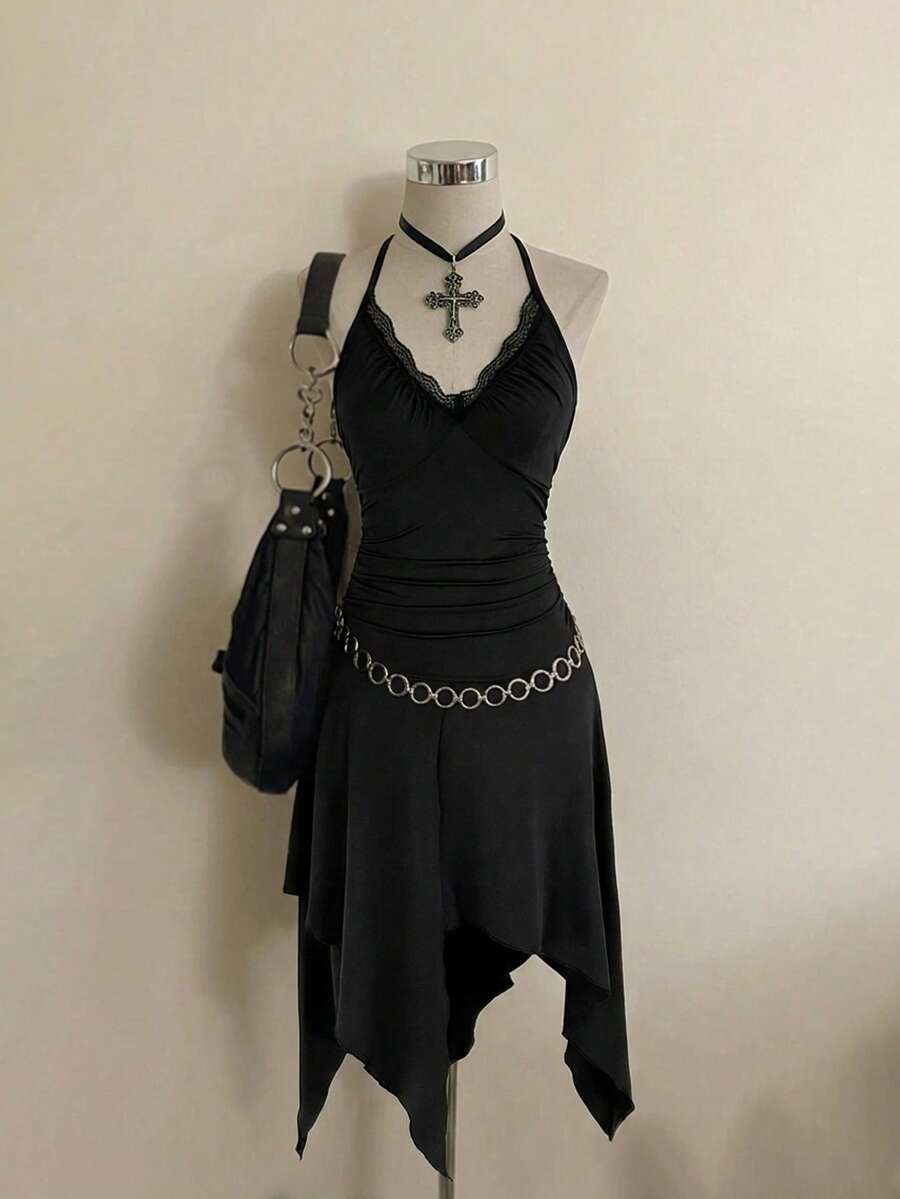 Attitoon Đầm ngắn hai lớp hở lưng, hai lớp, màu đen, kiểu dáng tối giản, cổ điển, punk Y2K, thích hợp cho các buổi tiệc tùng, lễ hội âm nhạc, ngày Valentine, phong cách miền Tây, lễ hội âm nhạc, dành cho nữ, phù hợp cho các chuyến đi chơi mùa hè. - màu đen - Xem 1