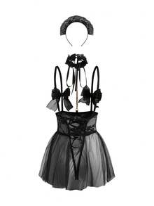 Fantasy Costume 2 piezas Conjunto de lencería sexy de mujer con encaje y lazo - Negro - Ver 8