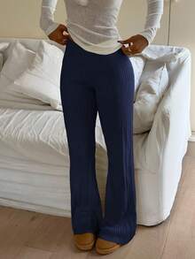 Aloruh Autumn/Winter Minimalist Versatile Tight-Fitting Low-Waist Flared Marl Knit Pants For Women, Suitable For Casual, Commute, Home Wear - Navy Blue - View 5