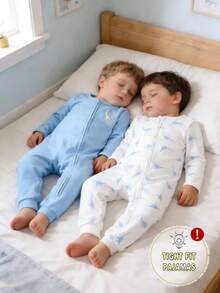2pcs/Set Baby Boys' Green Cartoon Pattern Solid Color Crew Neck Long Sleeve Footless Jumpsuit Sleepwear - Blue - View 3