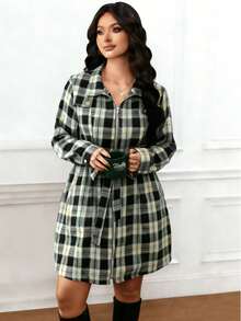 EMERY ROSE Plus Size Women's Casual Everyday/Work Commute Plaid Print Zip-Up Belted Dress, Spring/Autumn - Multicolor - View 1