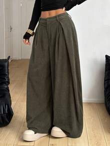 SHEIN PETITE 女士秋冬四季返校复古休闲街头风超大款绿色弧形裤脚灯芯绒卡其色工装裤阔腿裤宽松裤 - 軍綠色 - 查看 4